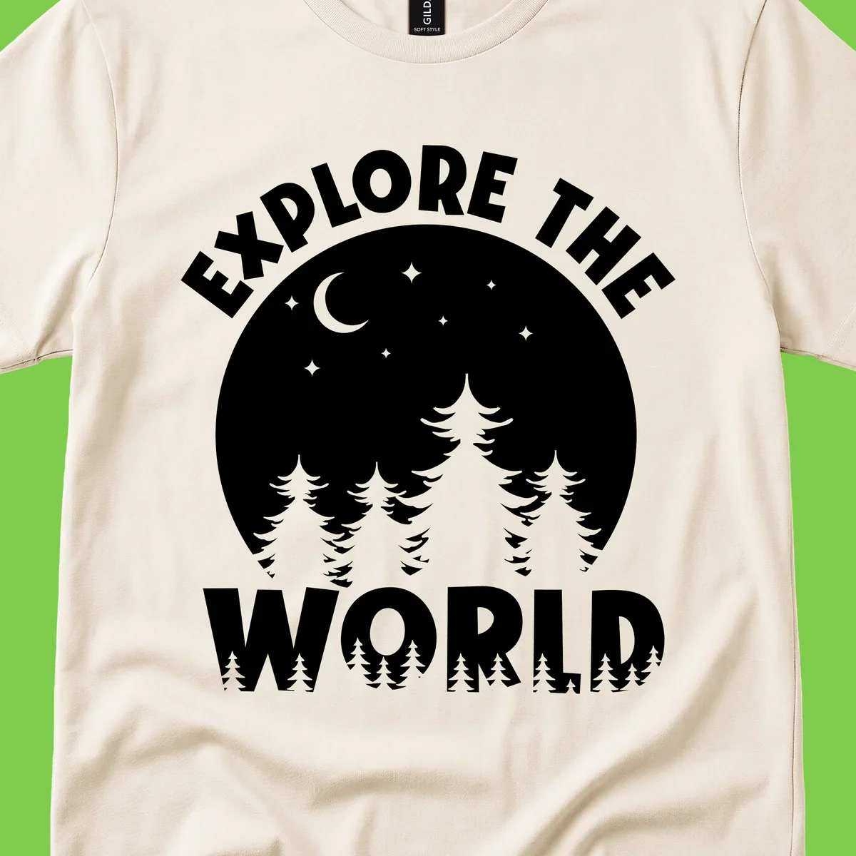 Silhouetted evergreen forest beneath a crescent moon and stars with 'Explore The World' text in a circular nighttime camping design