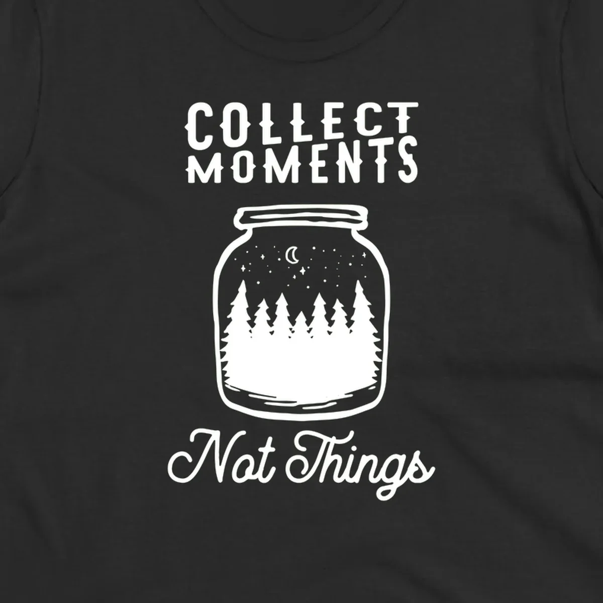 White illustrated mason jar filled with evergreen forest, moon, and stars with text 'Collect Moments Not Things' for camping enthusiasts