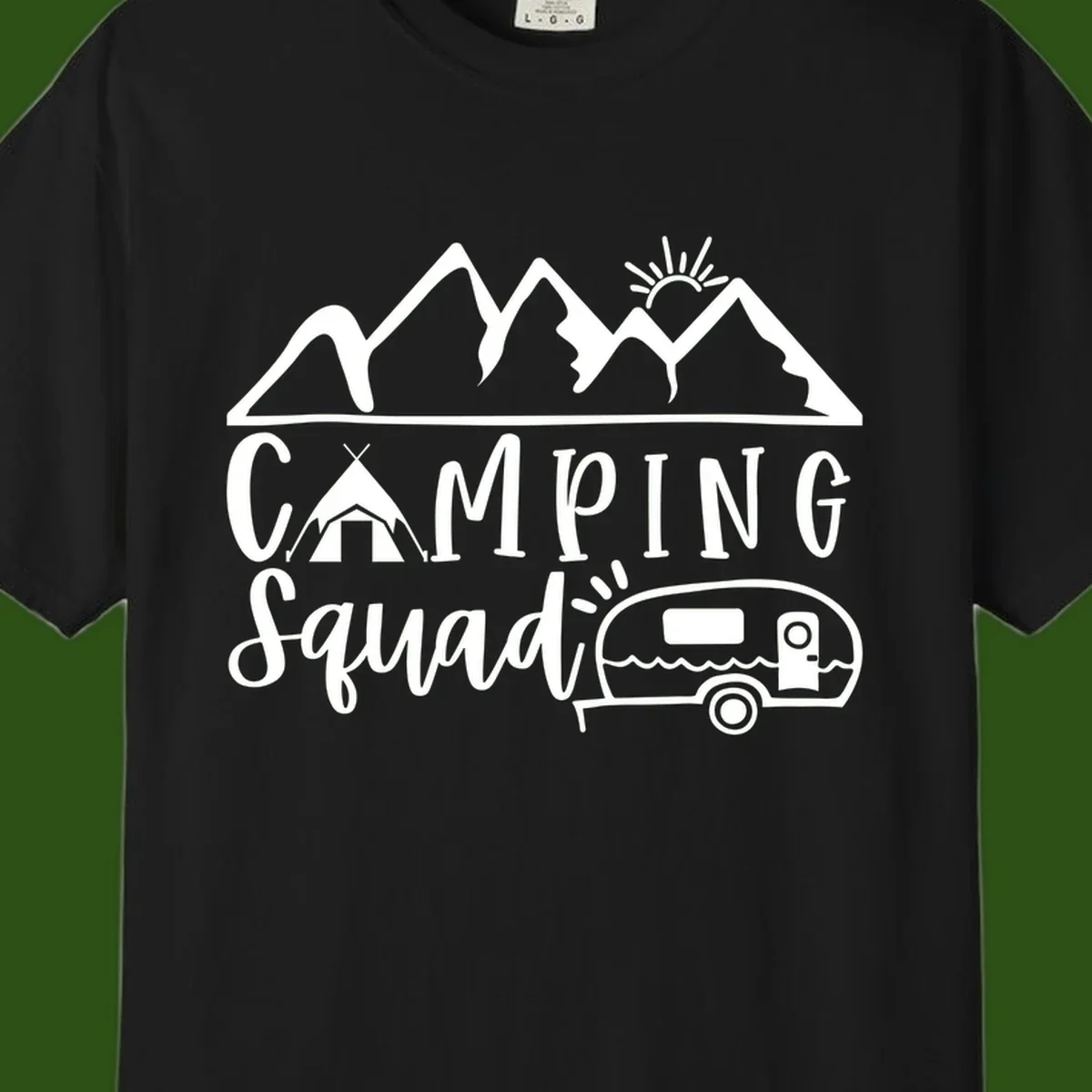 Camping squad adventure design with mountains, sun, tent, and RV trailer in white line art style on gray background