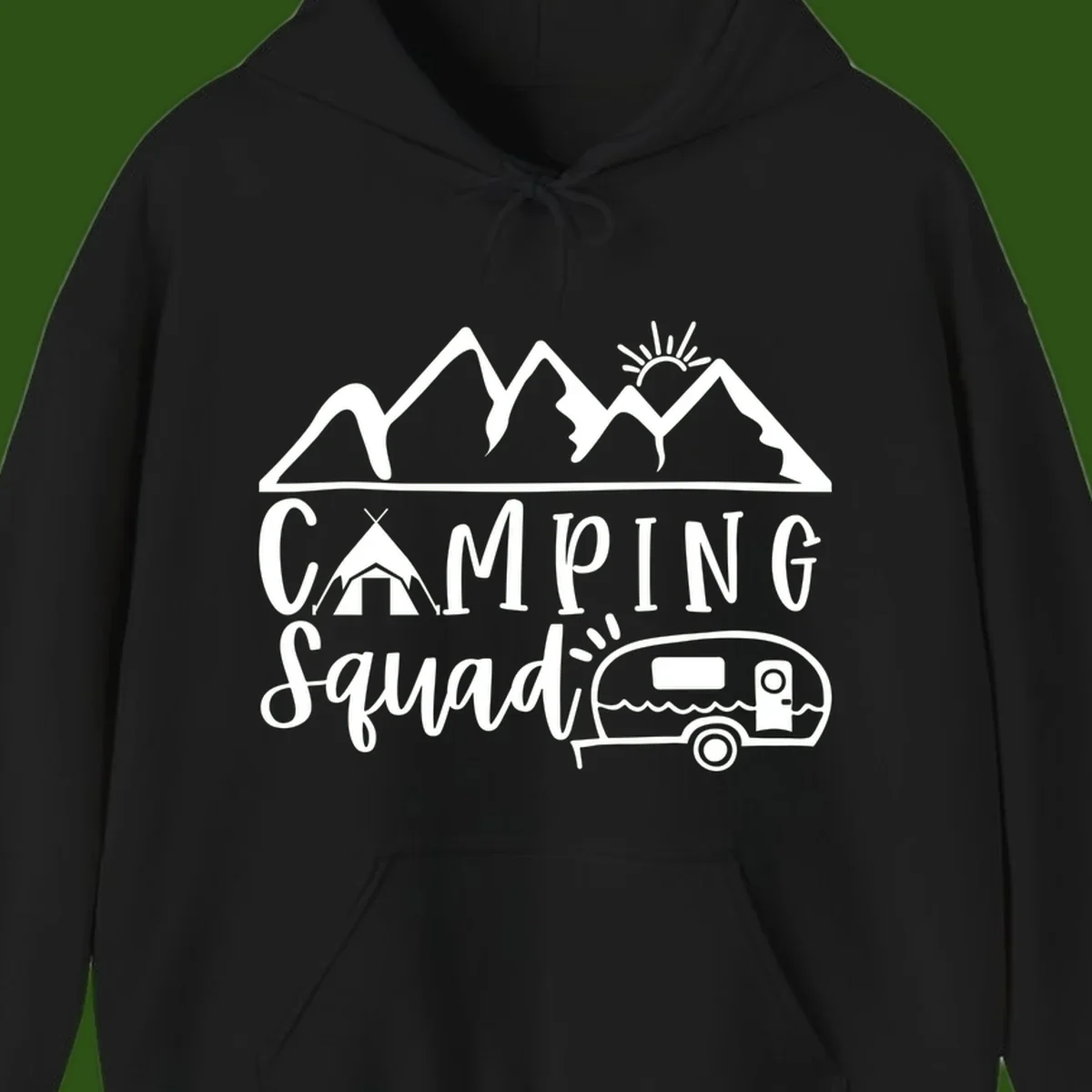 Camping squad adventure design with mountains, sun, tent, and RV trailer in white line art style on gray background