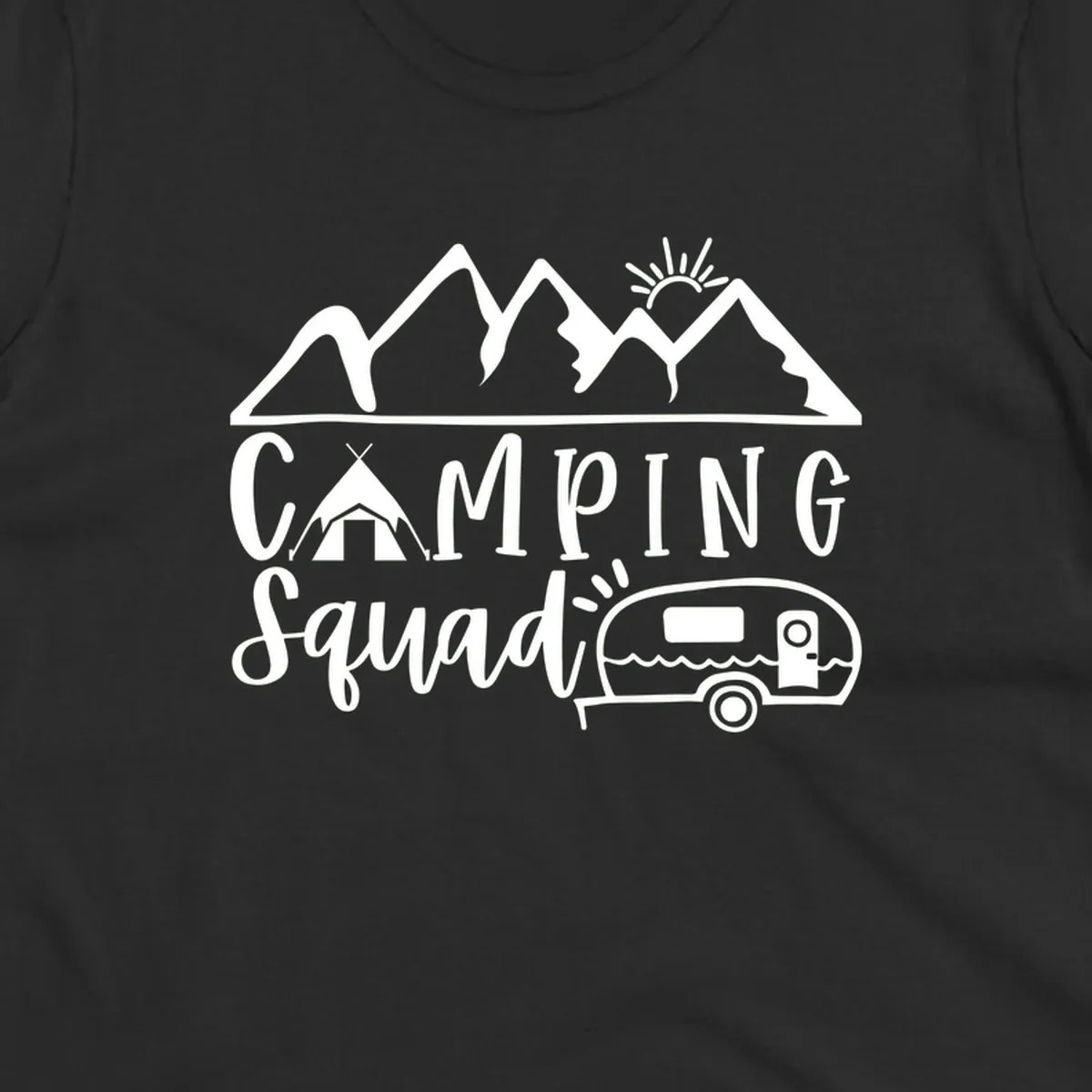 Camping squad adventure design with mountains, sun, tent, and RV trailer in white line art style on gray background