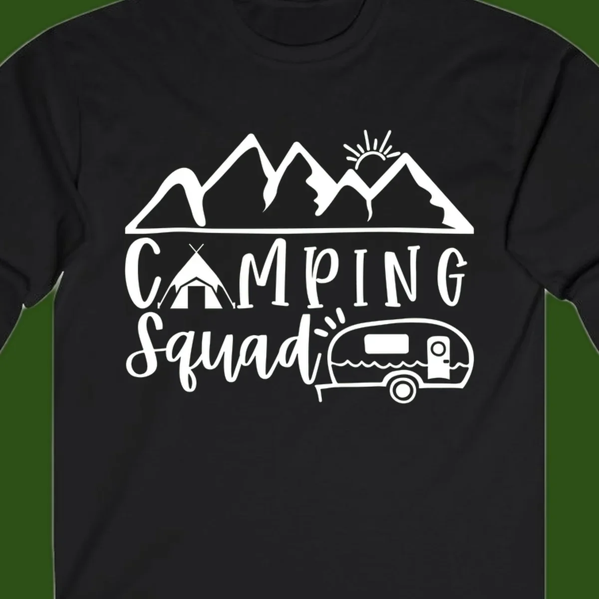 Camping squad adventure design with mountains, sun, tent, and RV trailer in white line art style on gray background