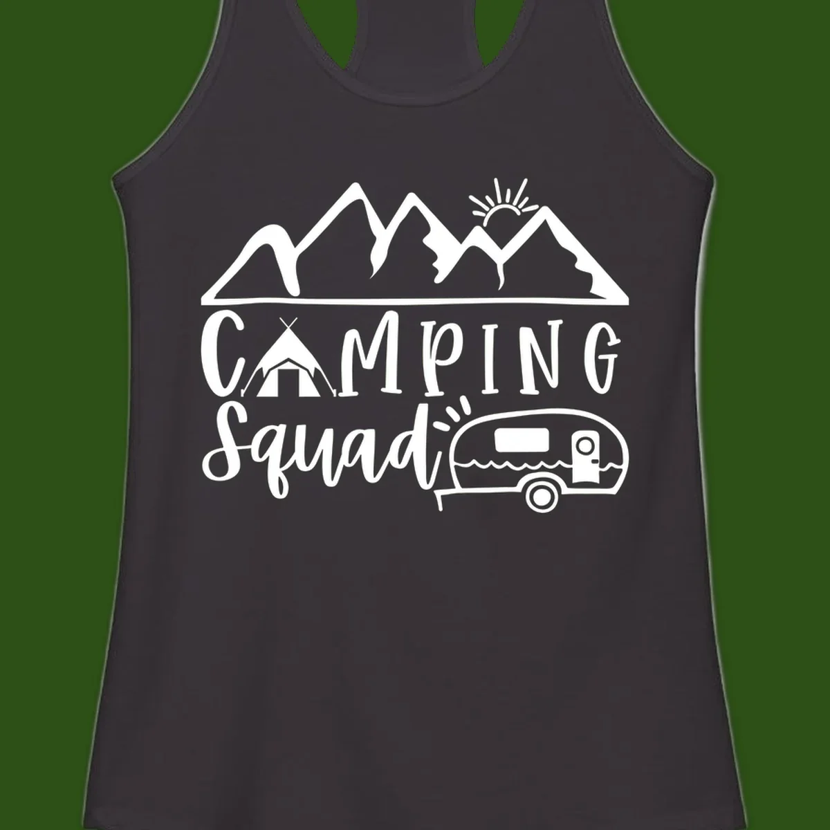 Camping squad adventure design with mountains, sun, tent, and RV trailer in white line art style on gray background