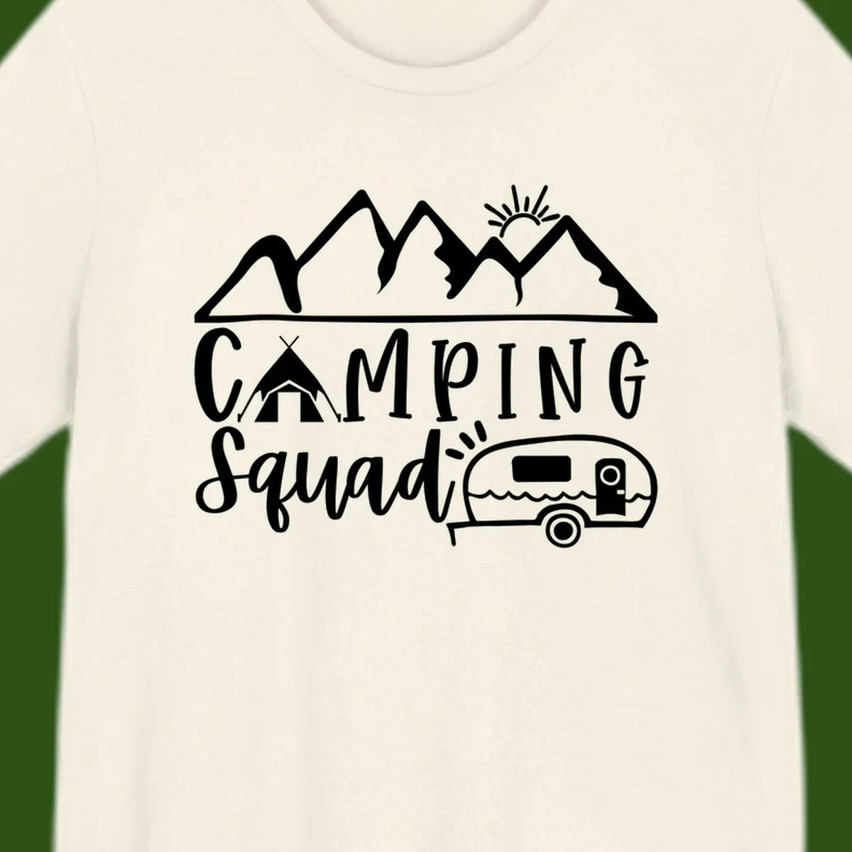 Camping squad adventure design with mountains, sun, tent, and RV trailer in white line art style on gray background