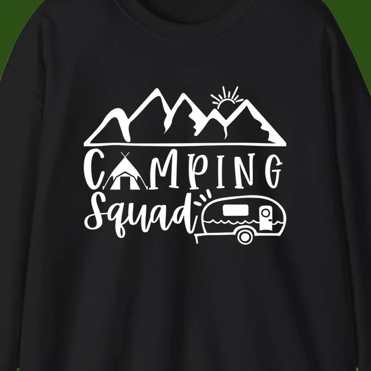 Camping squad adventure design with mountains, sun, tent, and RV trailer in white line art style on gray background