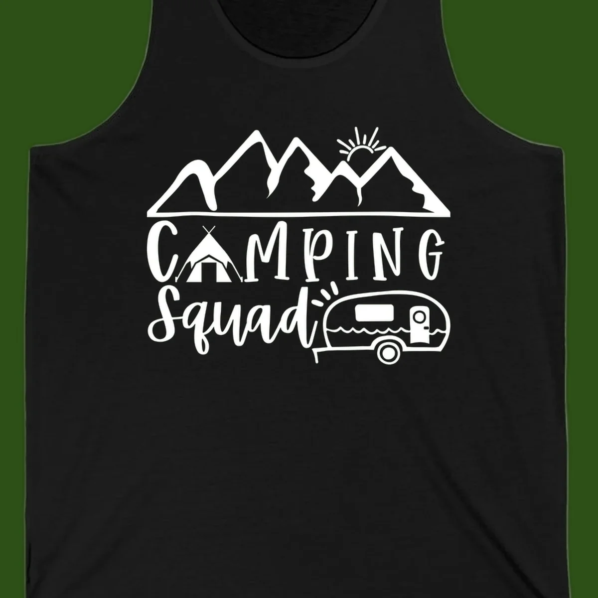 Camping squad adventure design with mountains, sun, tent, and RV trailer in white line art style on gray background