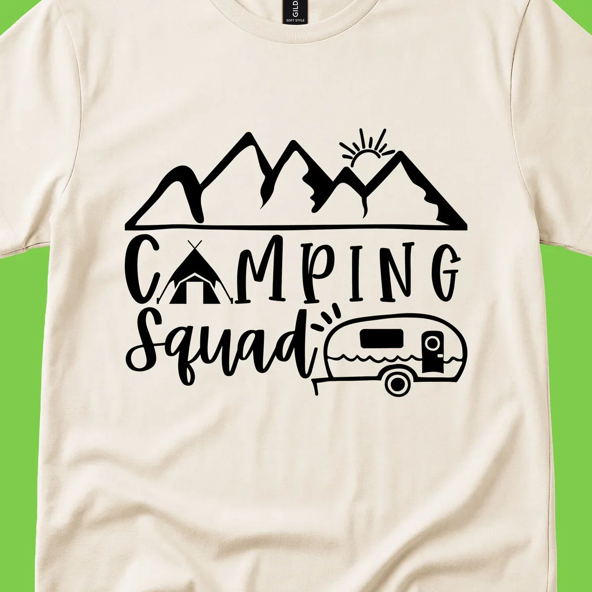 Camping squad adventure design with mountains, sun, tent, and RV trailer in white line art style on gray background