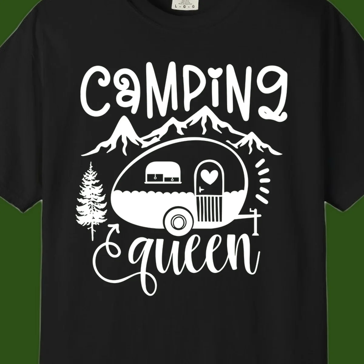 Retro illustration of a vintage Airstream trailer with a heart on the door, surrounded by mountains, trees, and campfire with 'Camping Queen' text