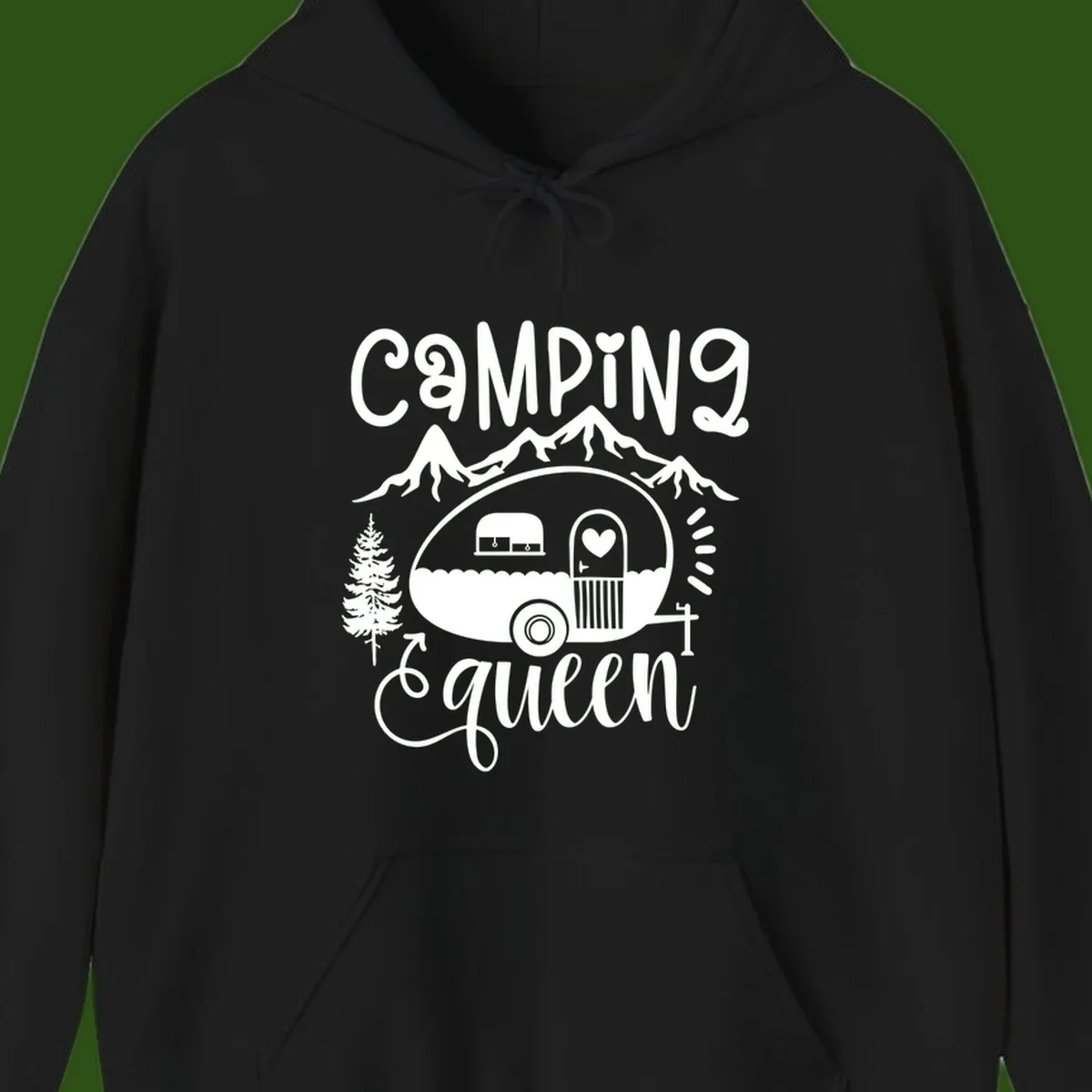 Retro illustration of a vintage Airstream trailer with a heart on the door, surrounded by mountains, trees, and campfire with 'Camping Queen' text