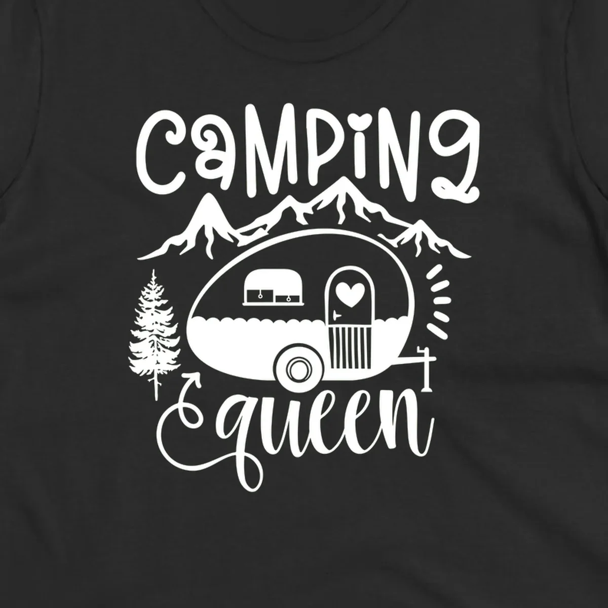 Retro illustration of a vintage Airstream trailer with a heart on the door, surrounded by mountains, trees, and campfire with 'Camping Queen' text