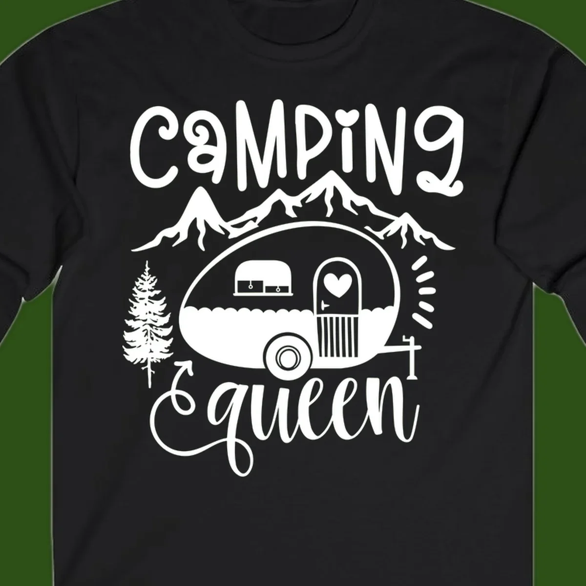 Retro illustration of a vintage Airstream trailer with a heart on the door, surrounded by mountains, trees, and campfire with 'Camping Queen' text