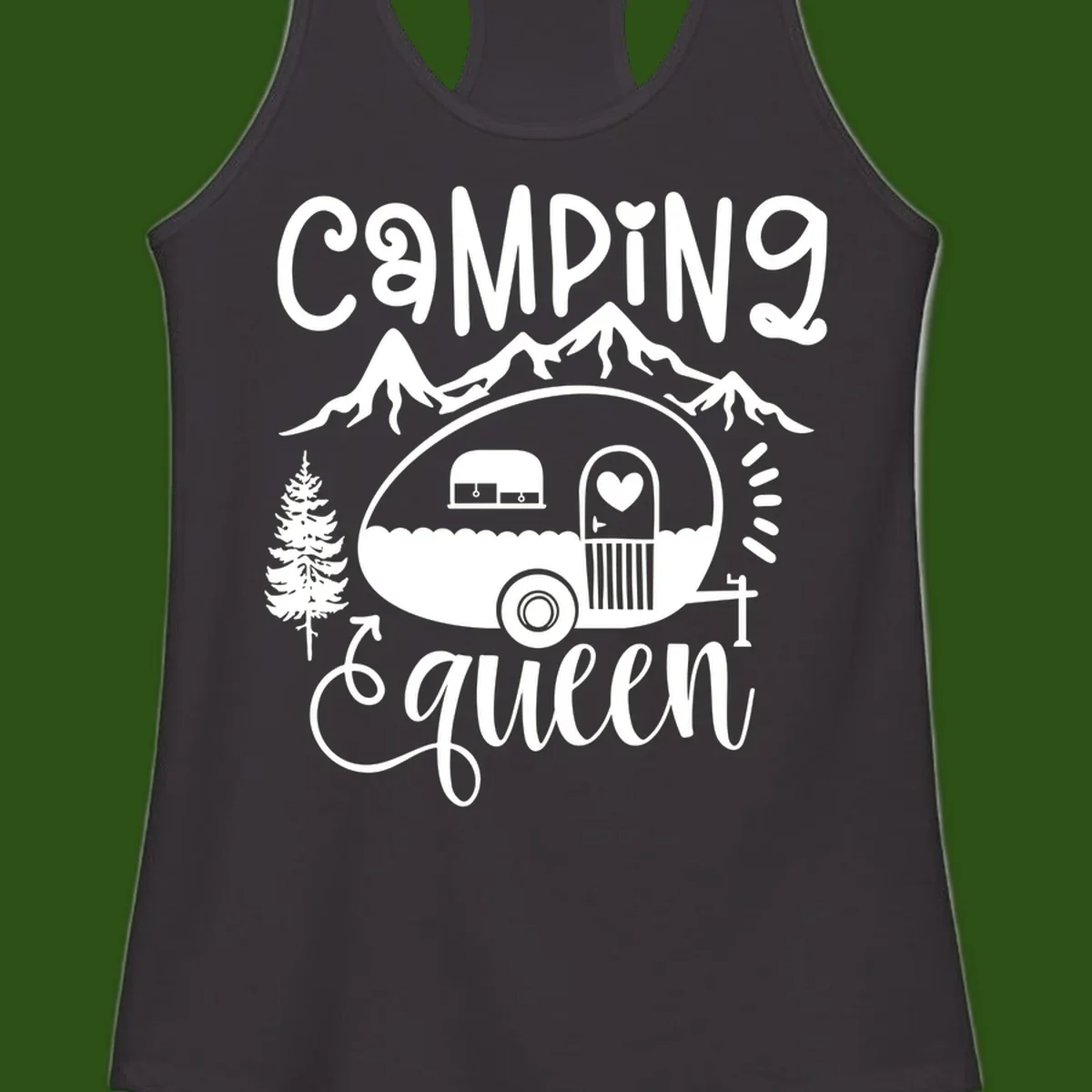 Retro illustration of a vintage Airstream trailer with a heart on the door, surrounded by mountains, trees, and campfire with 'Camping Queen' text