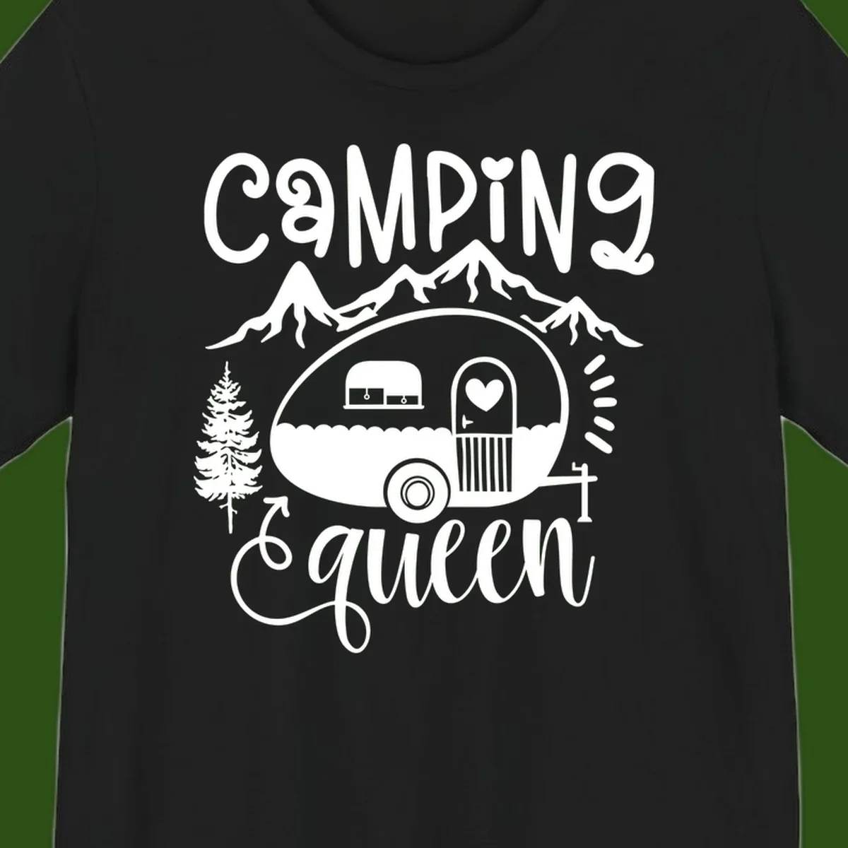 Retro illustration of a vintage Airstream trailer with a heart on the door, surrounded by mountains, trees, and campfire with 'Camping Queen' text