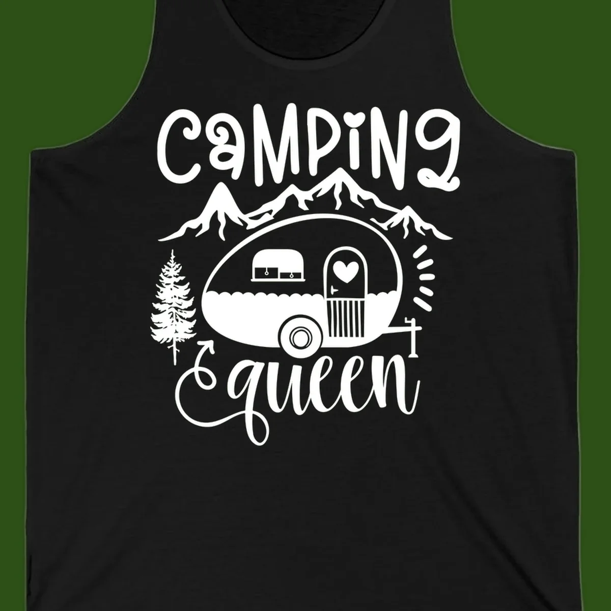 Retro illustration of a vintage Airstream trailer with a heart on the door, surrounded by mountains, trees, and campfire with 'Camping Queen' text