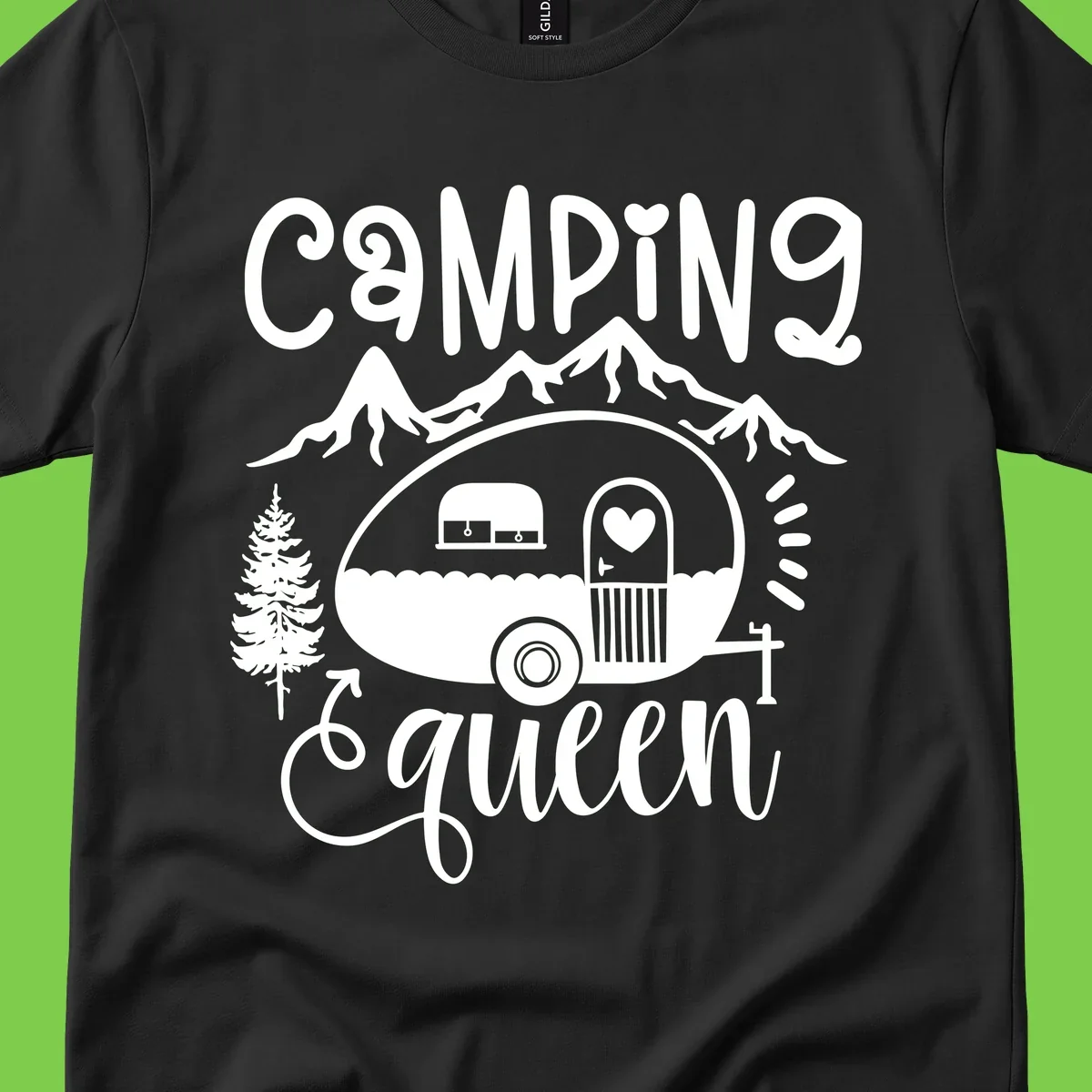 Retro illustration of a vintage Airstream trailer with a heart on the door, surrounded by mountains, trees, and campfire with 'Camping Queen' text