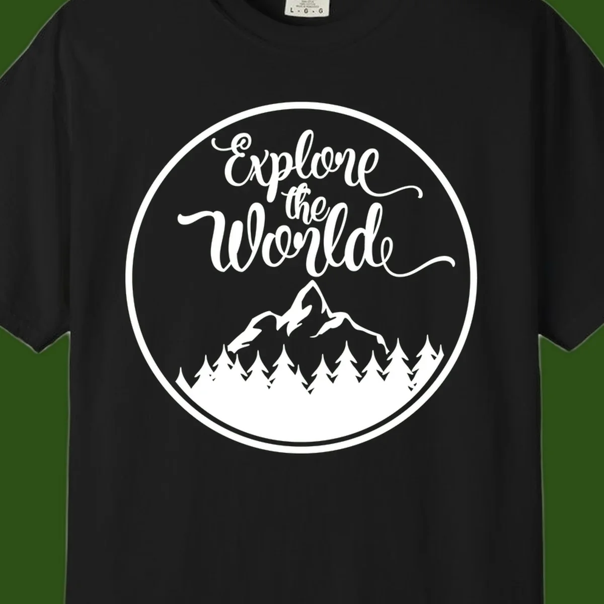 White circular badge with 'Explore the World' cursive text above mountain peak and evergreen forest silhouette on gray background