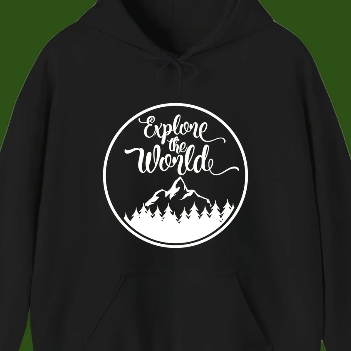 White circular badge with 'Explore the World' cursive text above mountain peak and evergreen forest silhouette on gray background