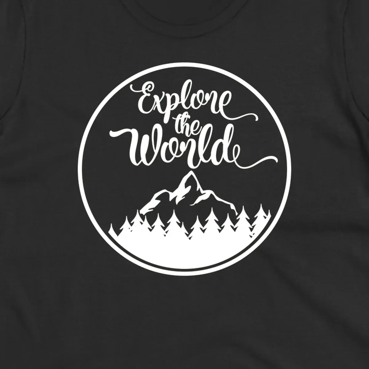 White circular badge with 'Explore the World' cursive text above mountain peak and evergreen forest silhouette on gray background