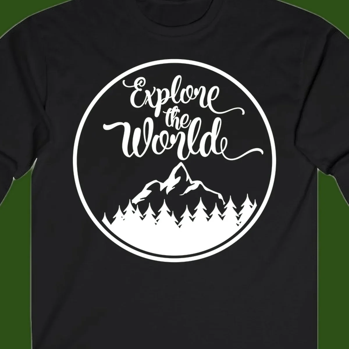 White circular badge with 'Explore the World' cursive text above mountain peak and evergreen forest silhouette on gray background