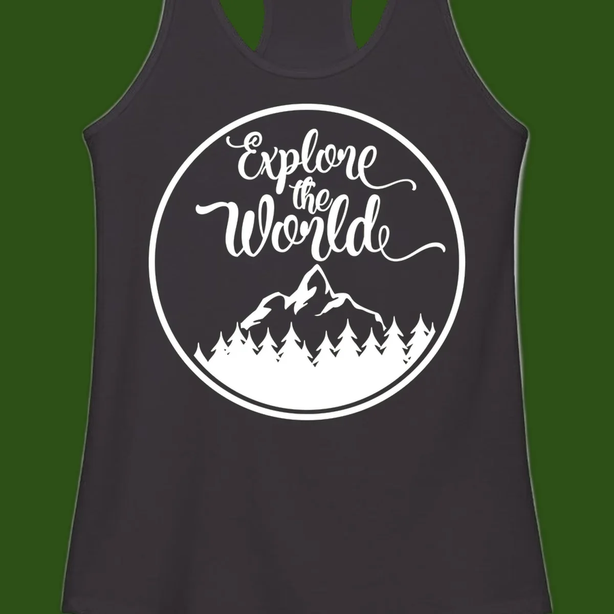 White circular badge with 'Explore the World' cursive text above mountain peak and evergreen forest silhouette on gray background