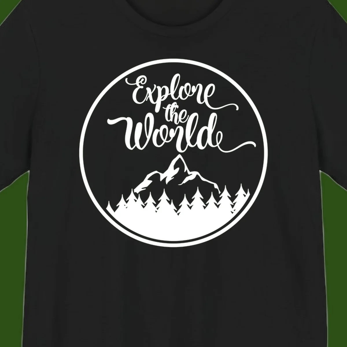 White circular badge with 'Explore the World' cursive text above mountain peak and evergreen forest silhouette on gray background