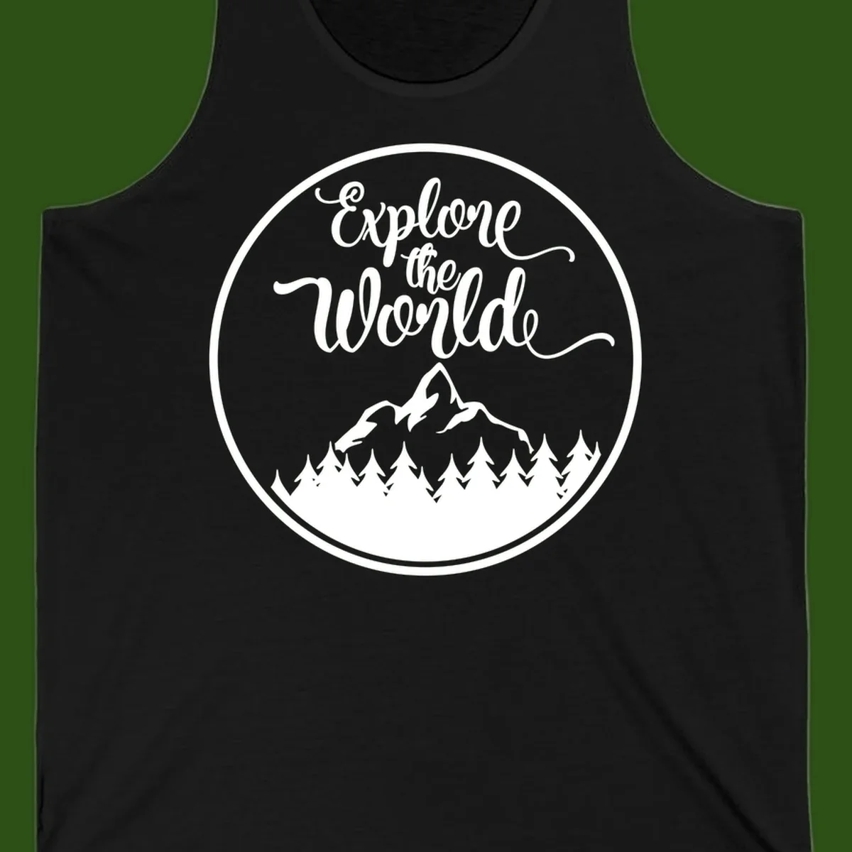 White circular badge with 'Explore the World' cursive text above mountain peak and evergreen forest silhouette on gray background