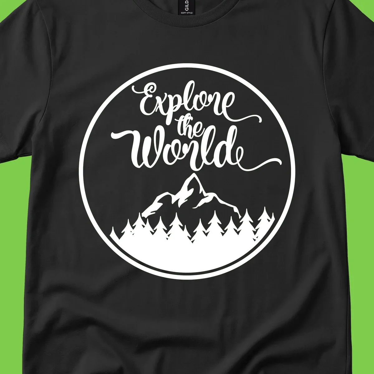 White circular badge with 'Explore the World' cursive text above mountain peak and evergreen forest silhouette on gray background