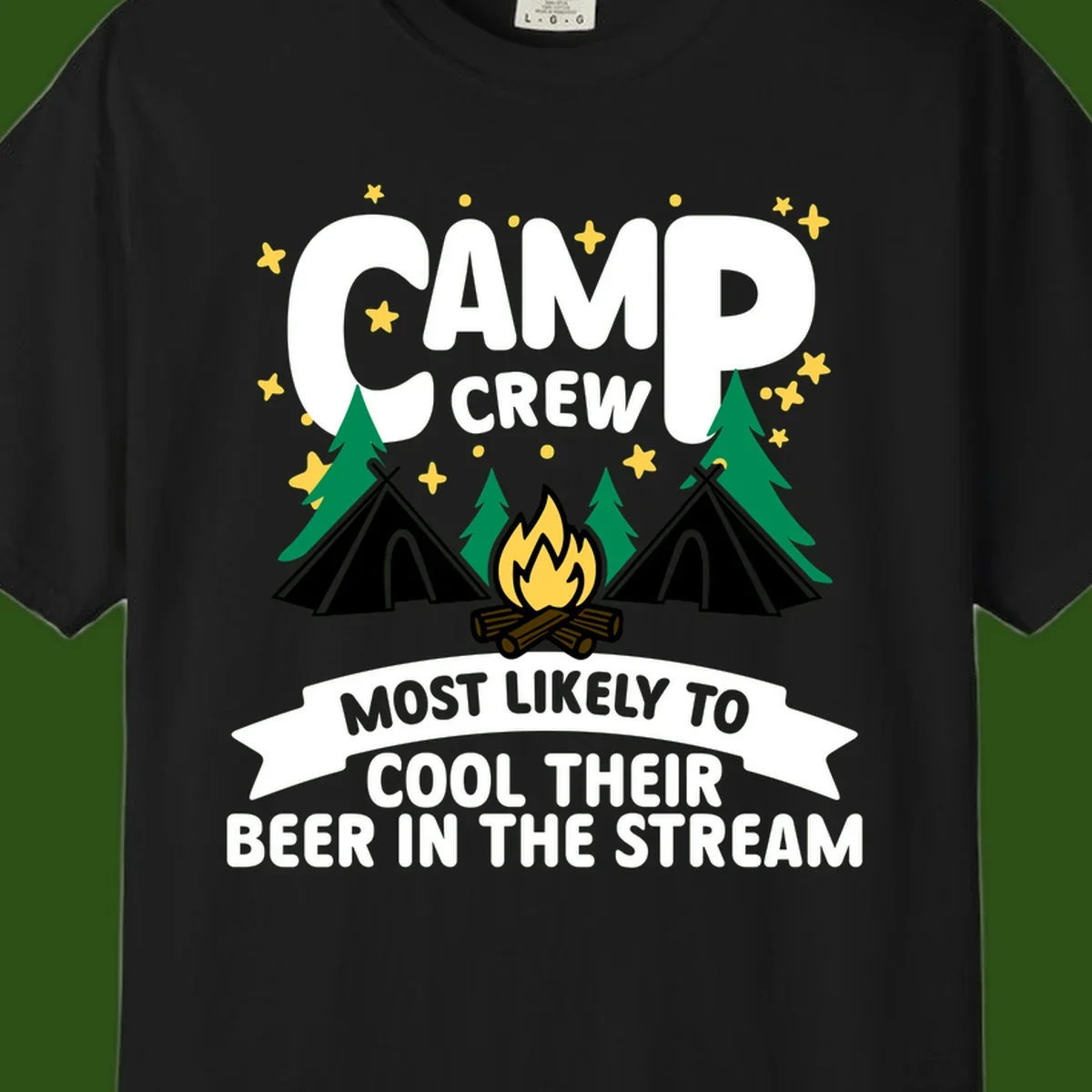 Camp crew most likely to cool beer in stream design with tents, campfire, trees and stars
