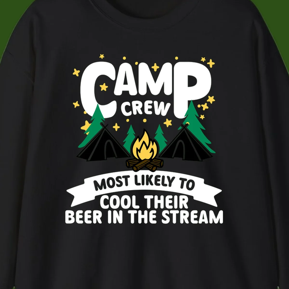 Camp crew most likely to cool beer in stream design with tents, campfire, trees and stars