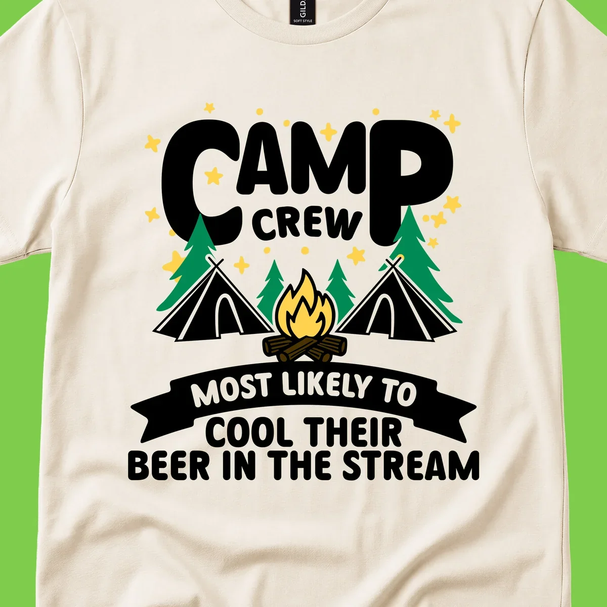 Camp crew most likely to cool beer in stream design with tents, campfire, trees and stars
