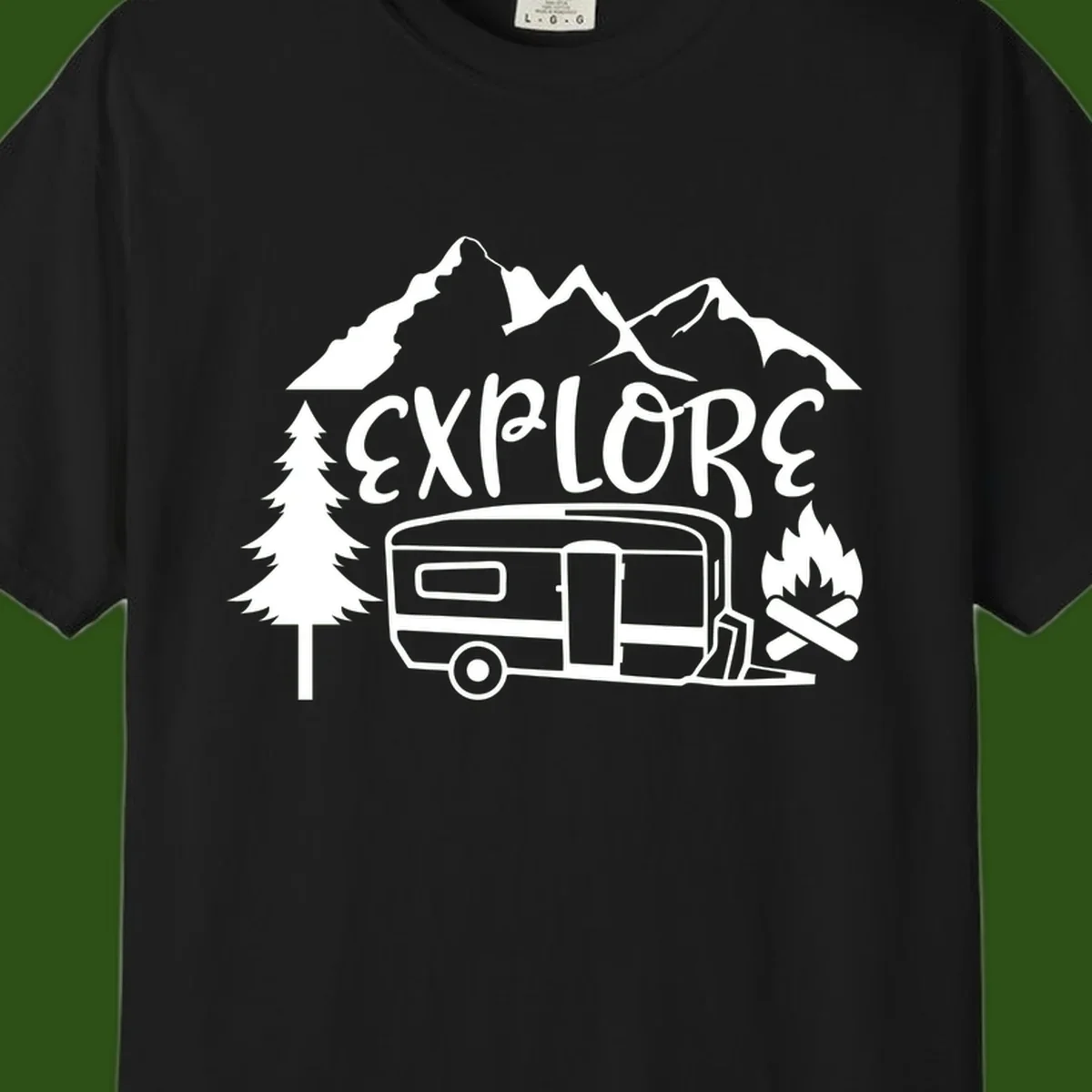 White line art design showing mountains, pine trees, travel trailer, and campfire with EXPLORE text on gray background