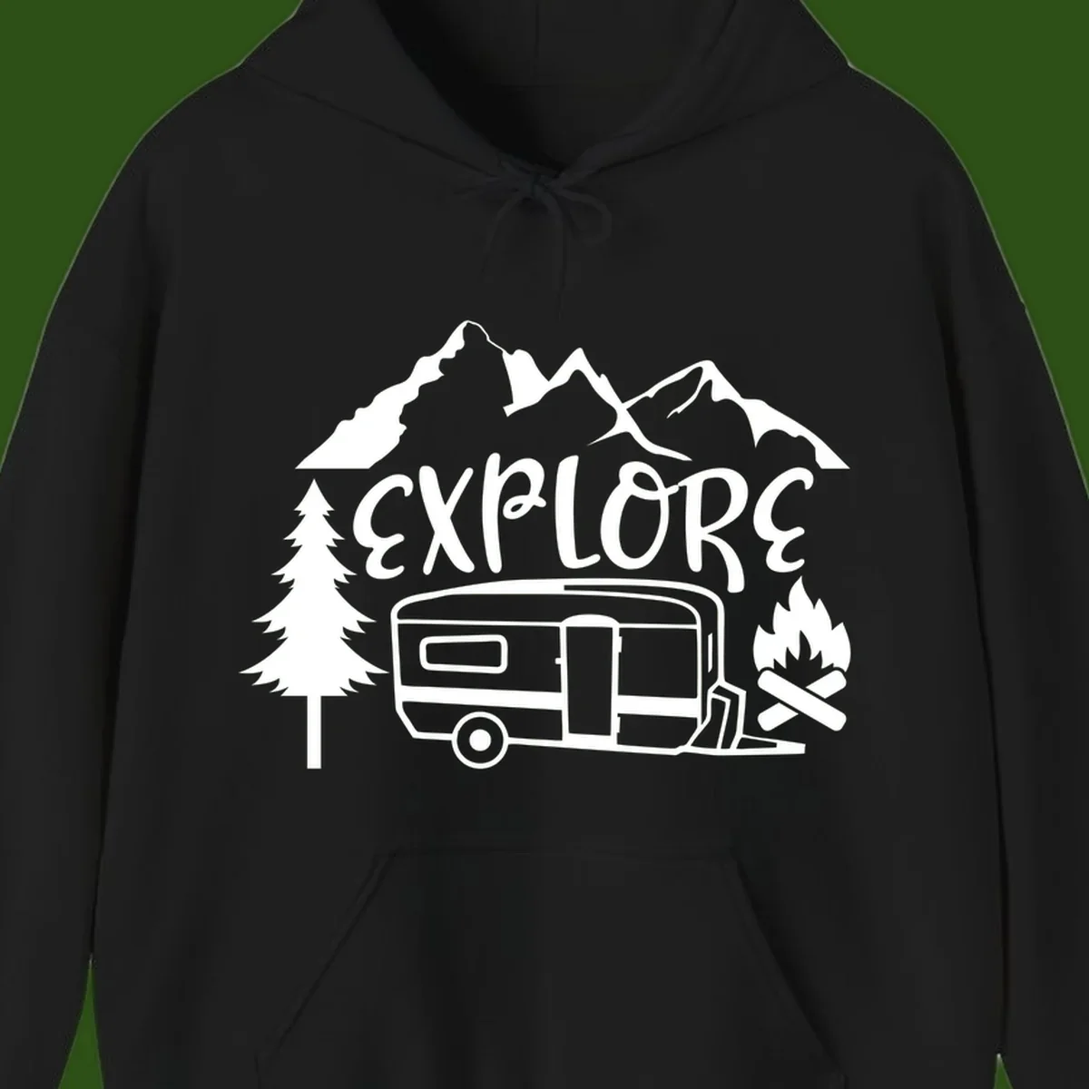 White line art design showing mountains, pine trees, travel trailer, and campfire with EXPLORE text on gray background