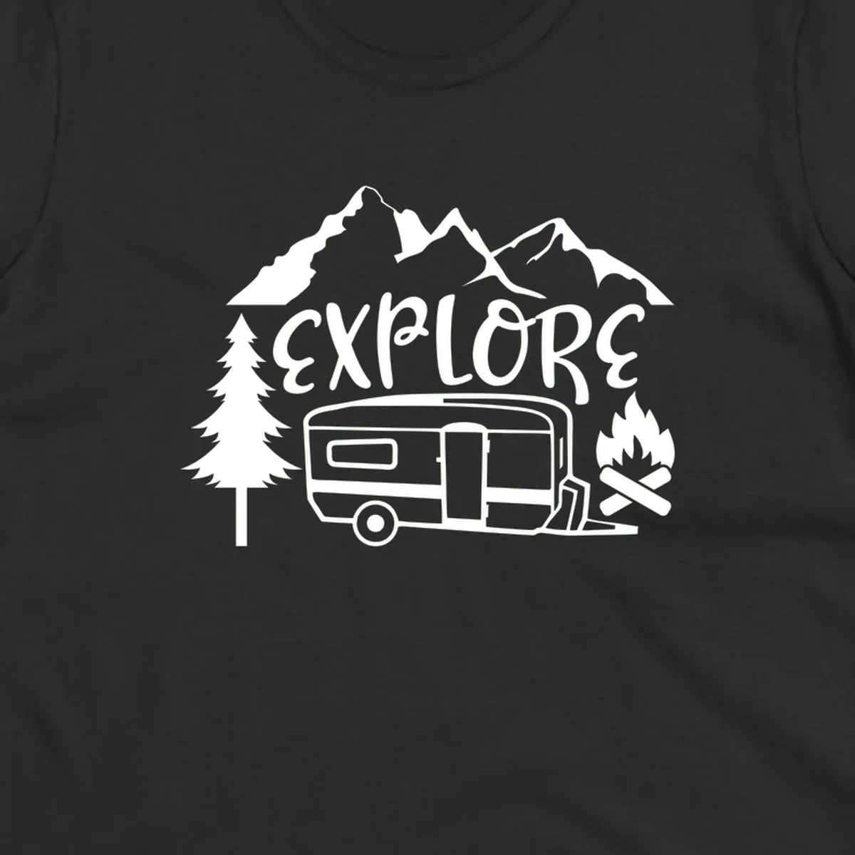 White line art design showing mountains, pine trees, travel trailer, and campfire with EXPLORE text on gray background