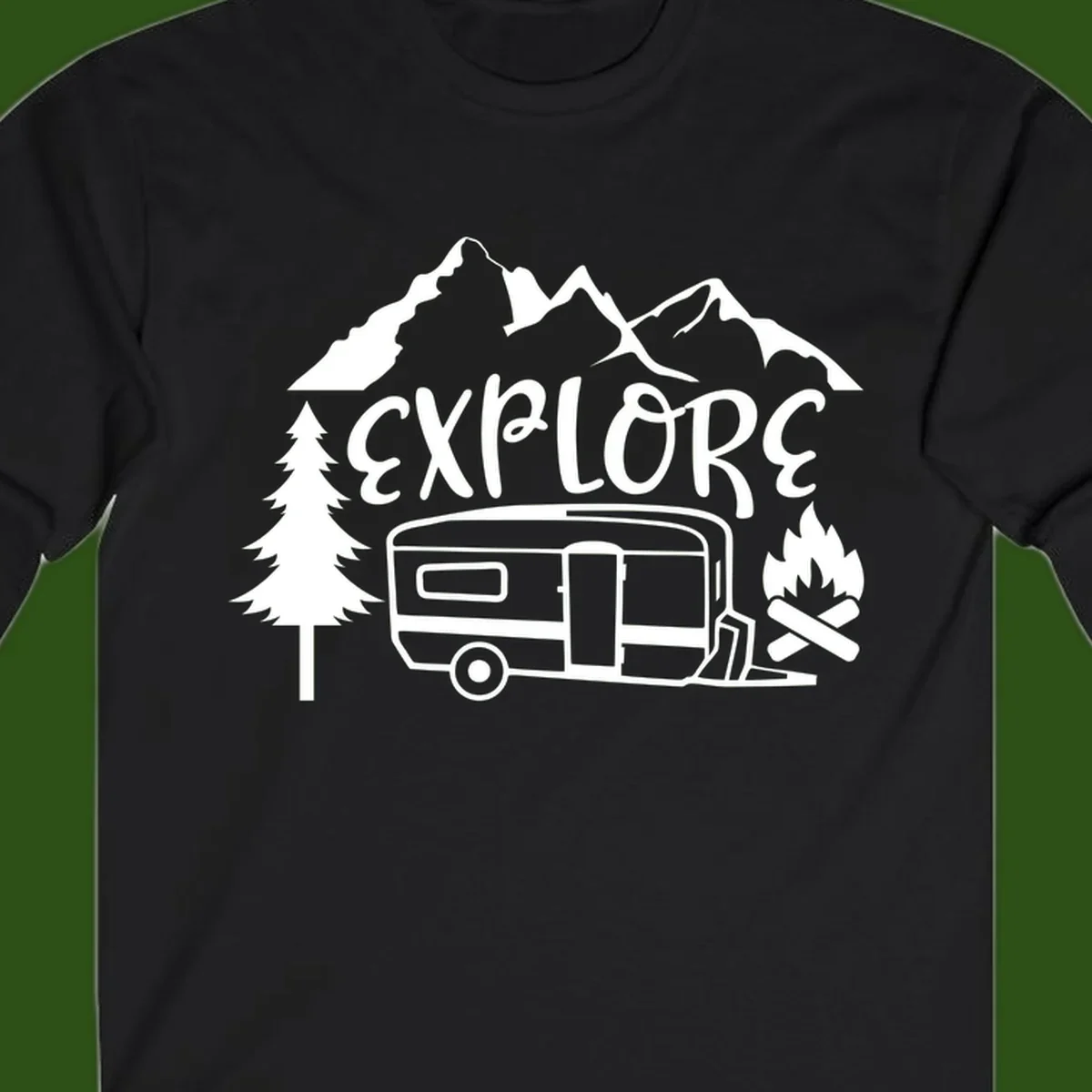 White line art design showing mountains, pine trees, travel trailer, and campfire with EXPLORE text on gray background