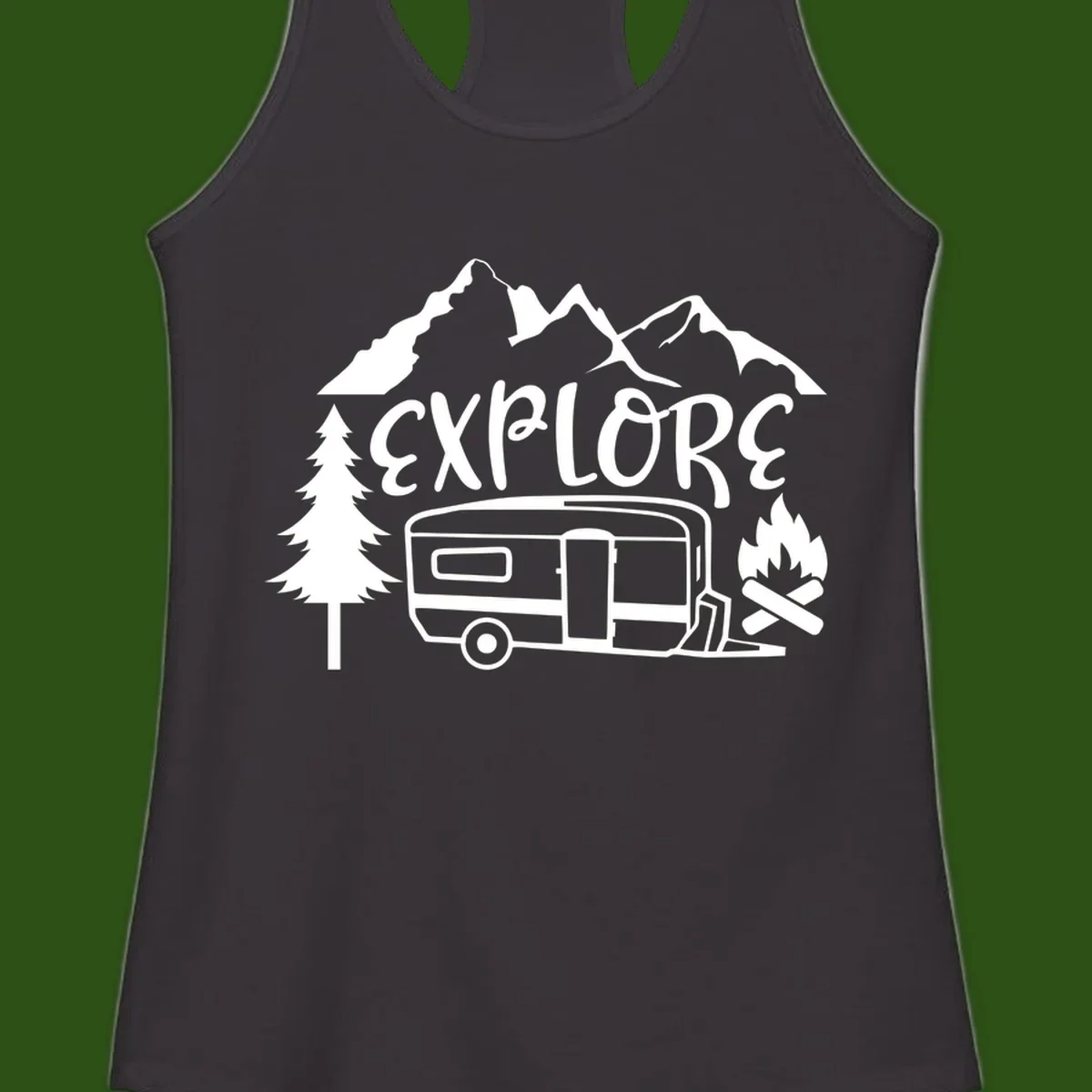 White line art design showing mountains, pine trees, travel trailer, and campfire with EXPLORE text on gray background