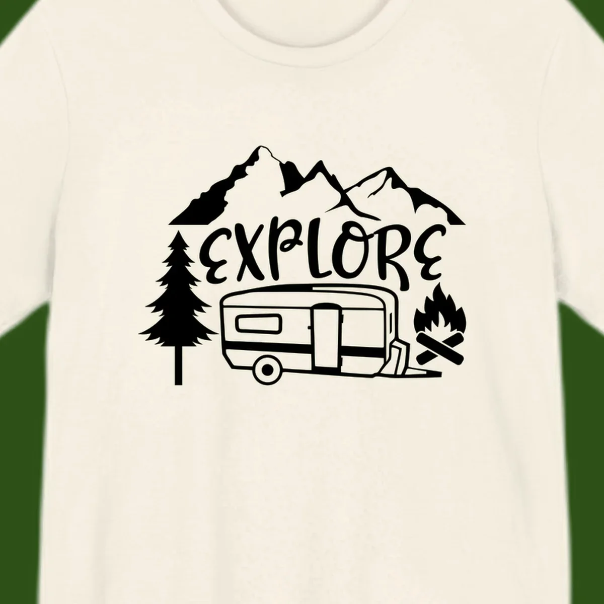 White line art design showing mountains, pine trees, travel trailer, and campfire with EXPLORE text on gray background