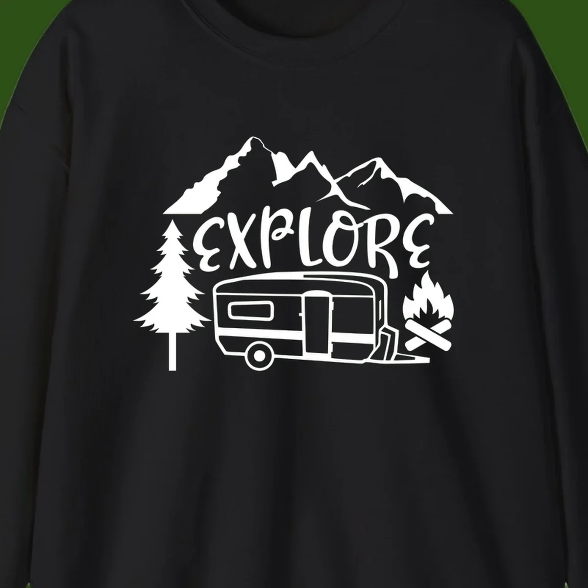 White line art design showing mountains, pine trees, travel trailer, and campfire with EXPLORE text on gray background