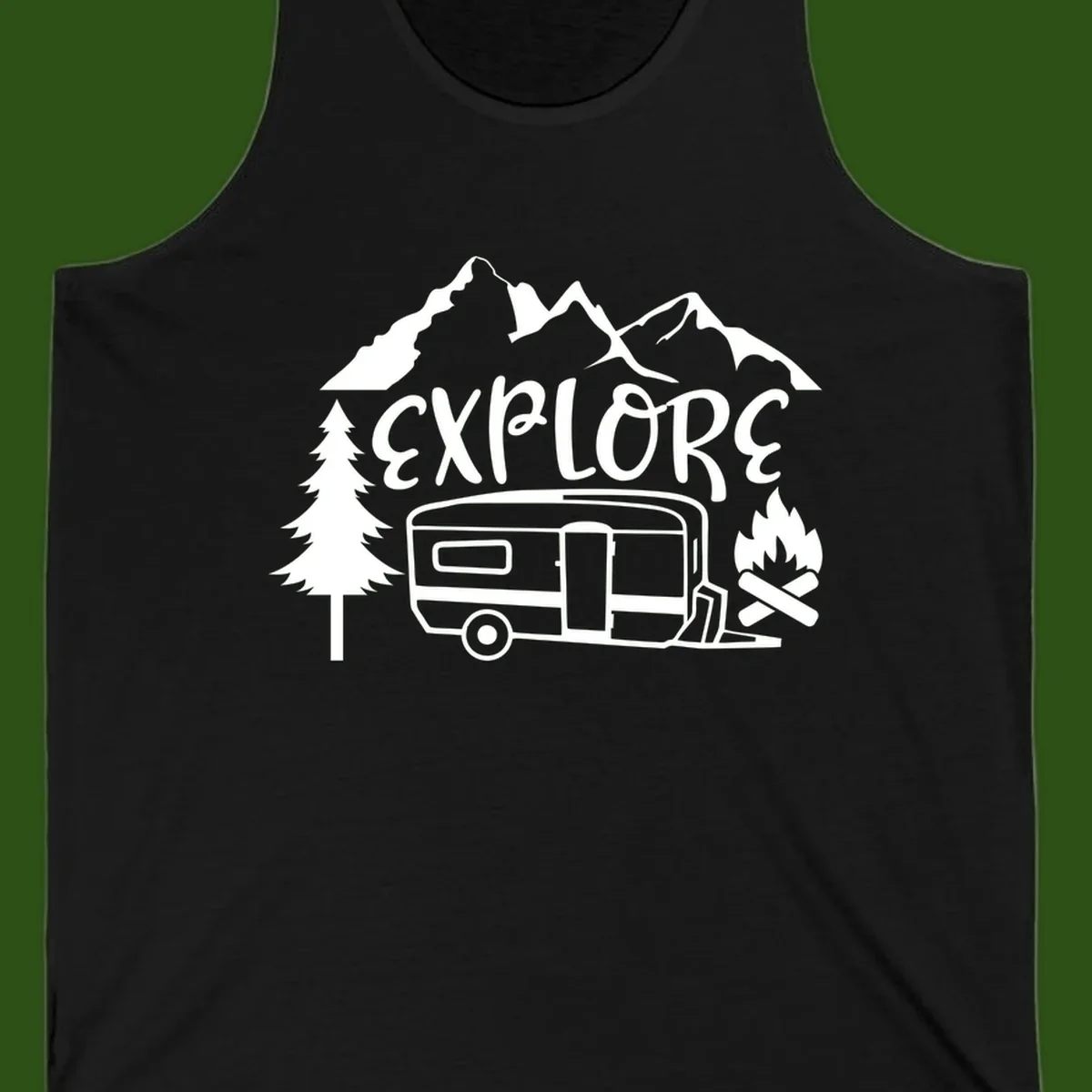 White line art design showing mountains, pine trees, travel trailer, and campfire with EXPLORE text on gray background