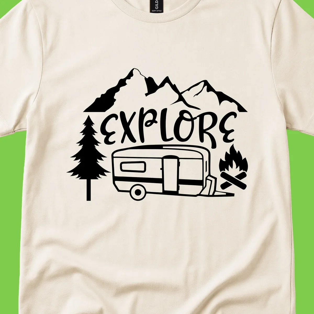 White line art design showing mountains, pine trees, travel trailer, and campfire with EXPLORE text on gray background