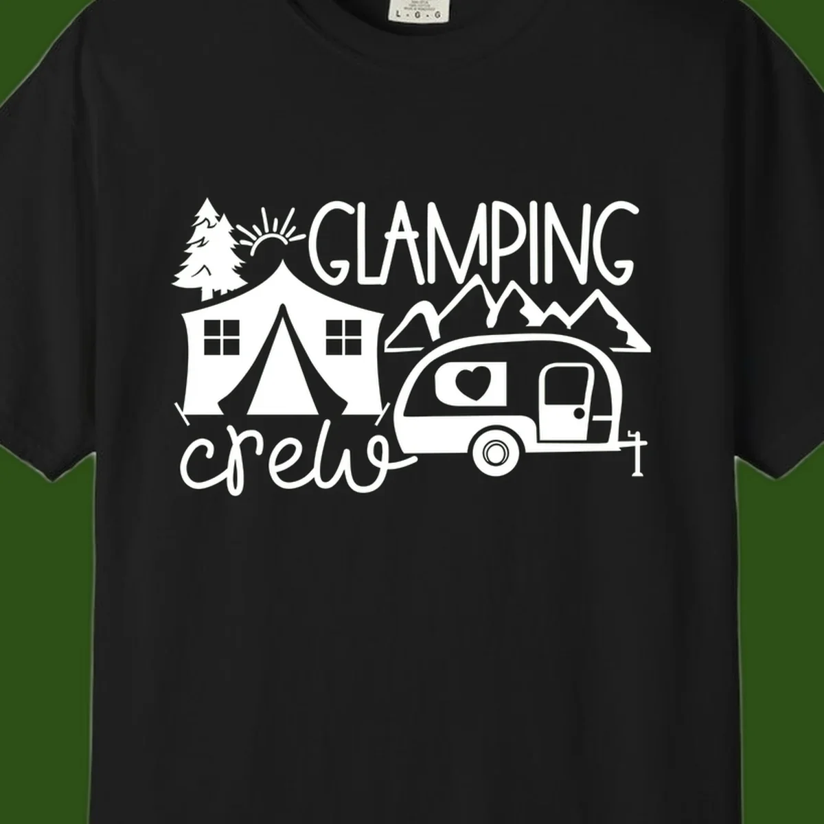 Glamping crew design with tent, travel trailer, mountains, tree and sun on gray background