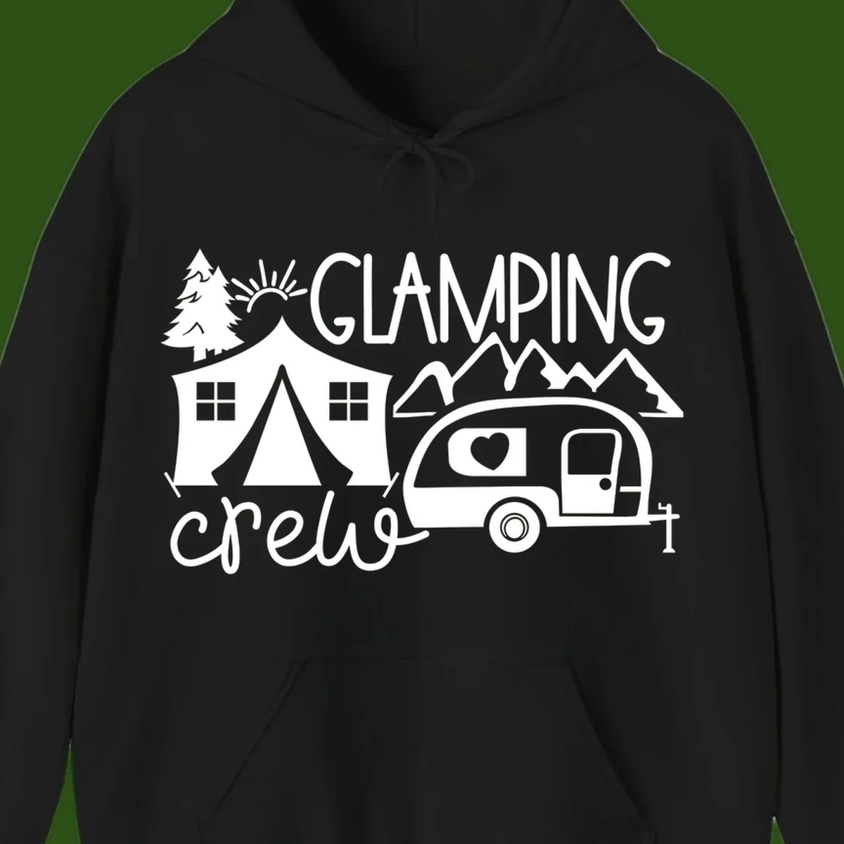 Glamping crew design with tent, travel trailer, mountains, tree and sun on gray background