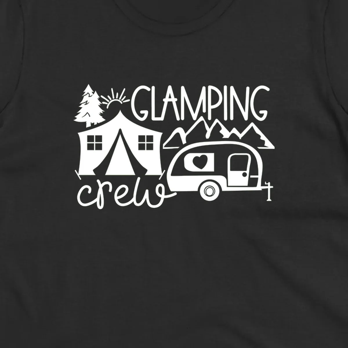 Glamping crew design with tent, travel trailer, mountains, tree and sun on gray background