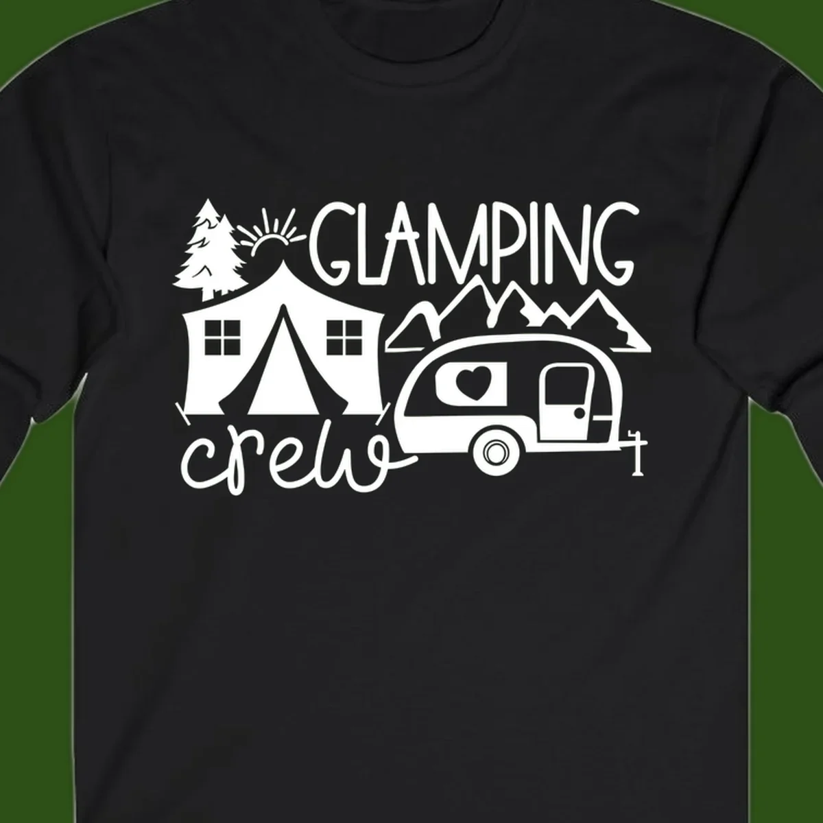 Glamping crew design with tent, travel trailer, mountains, tree and sun on gray background