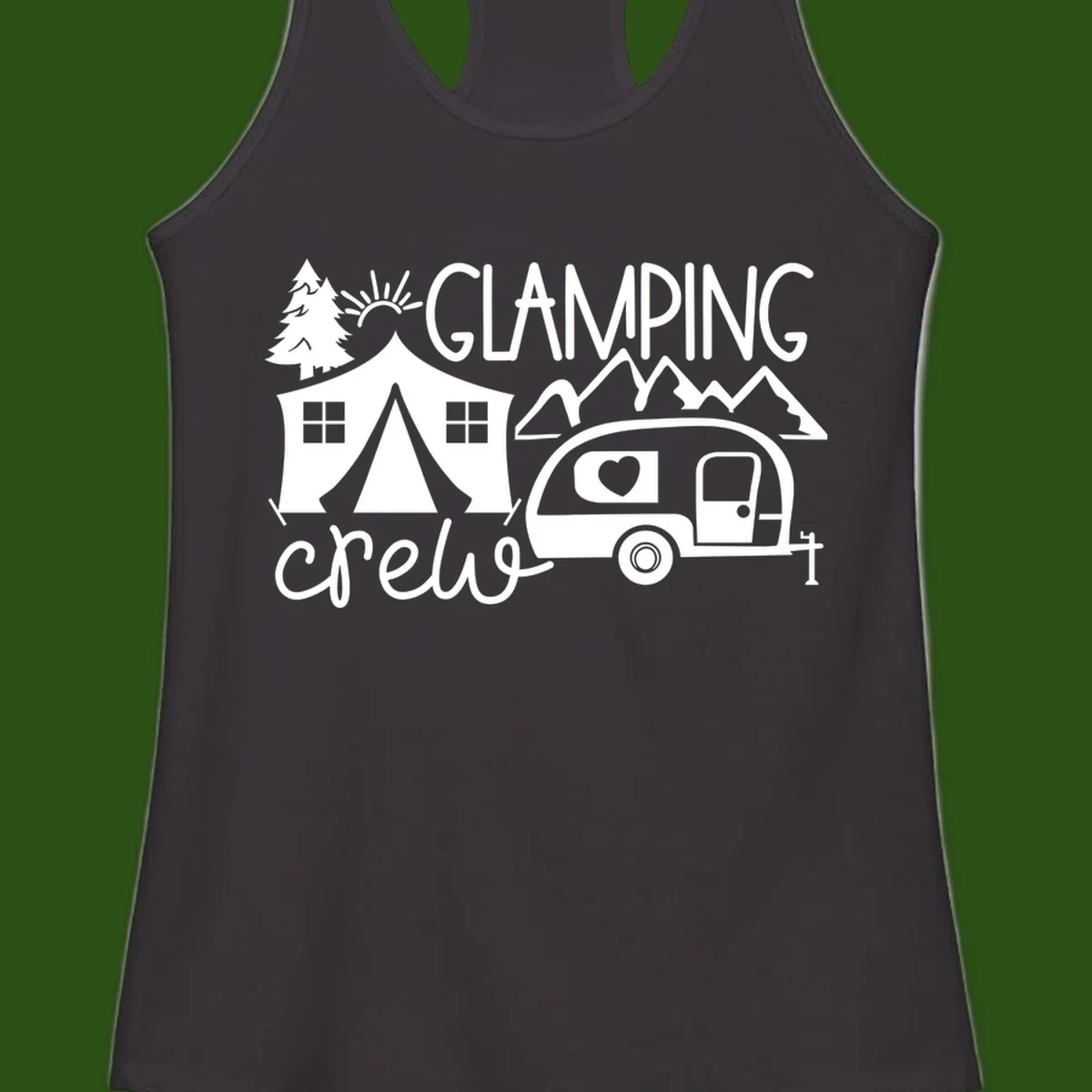 Glamping crew design with tent, travel trailer, mountains, tree and sun on gray background