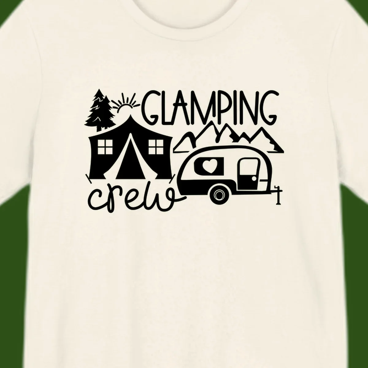 Glamping crew design with tent, travel trailer, mountains, tree and sun on gray background