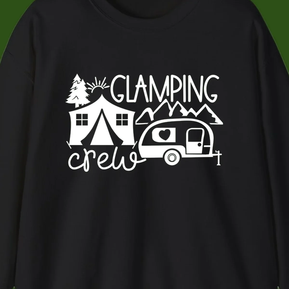 Glamping crew design with tent, travel trailer, mountains, tree and sun on gray background