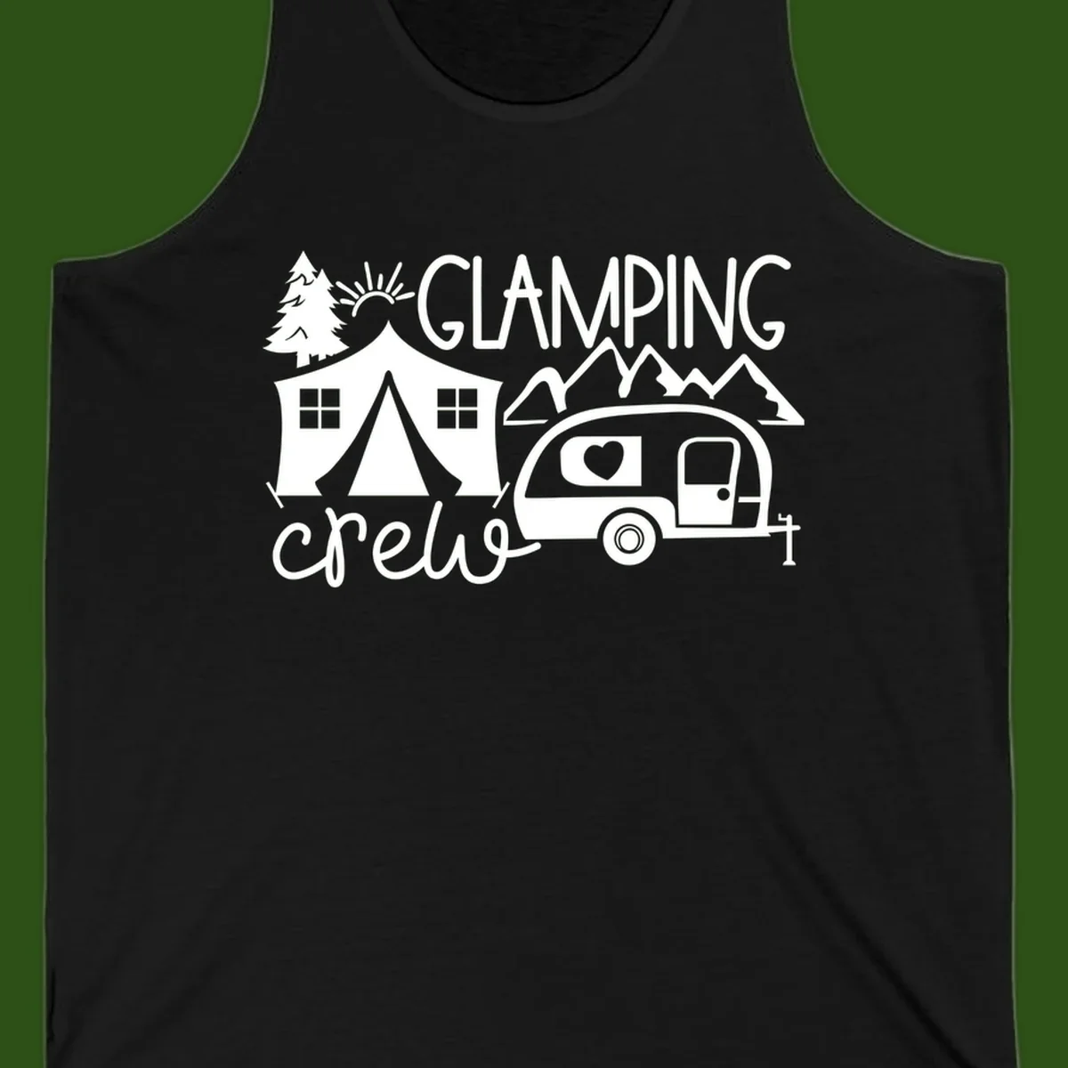 Glamping crew design with tent, travel trailer, mountains, tree and sun on gray background