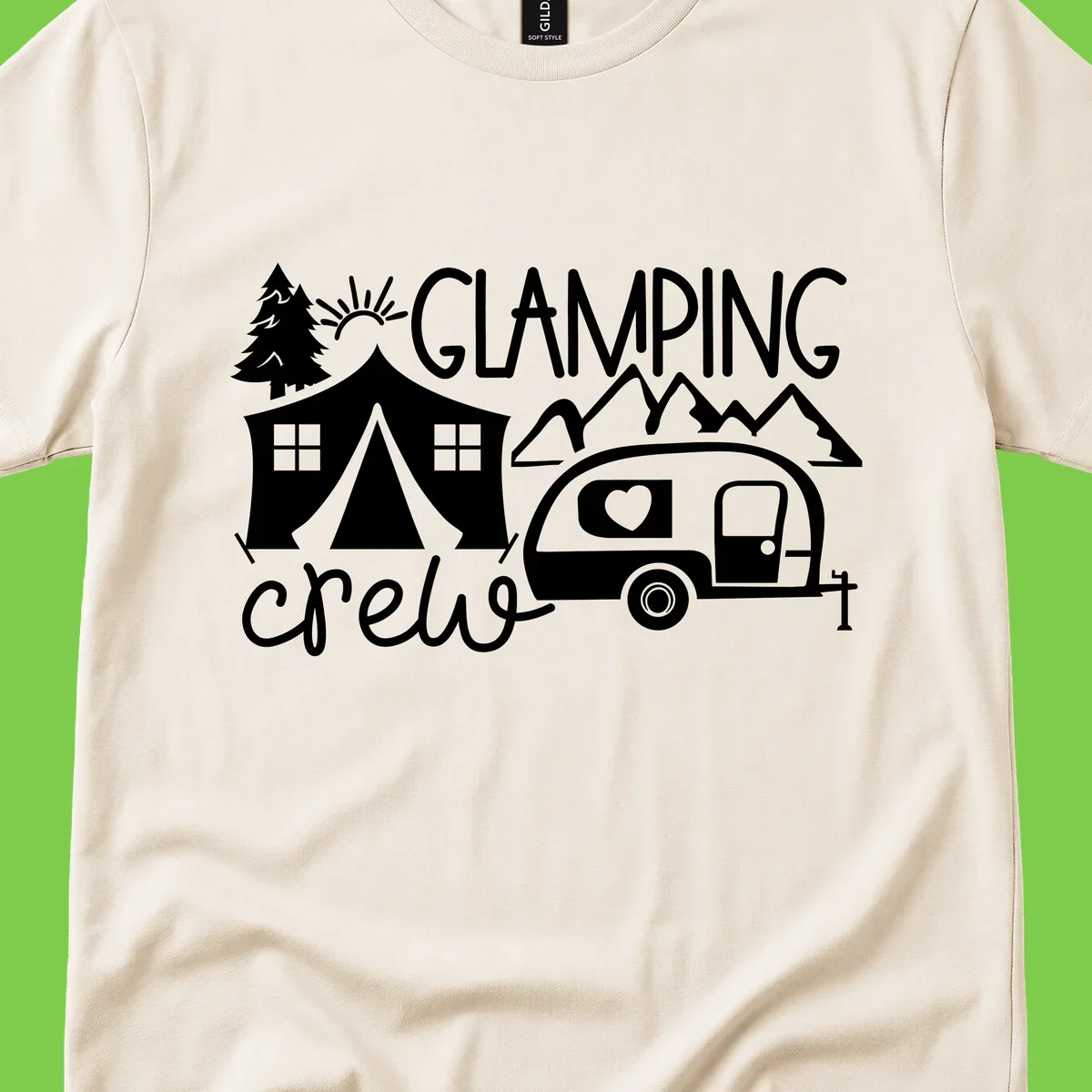 Glamping crew design with tent, travel trailer, mountains, tree and sun on gray background