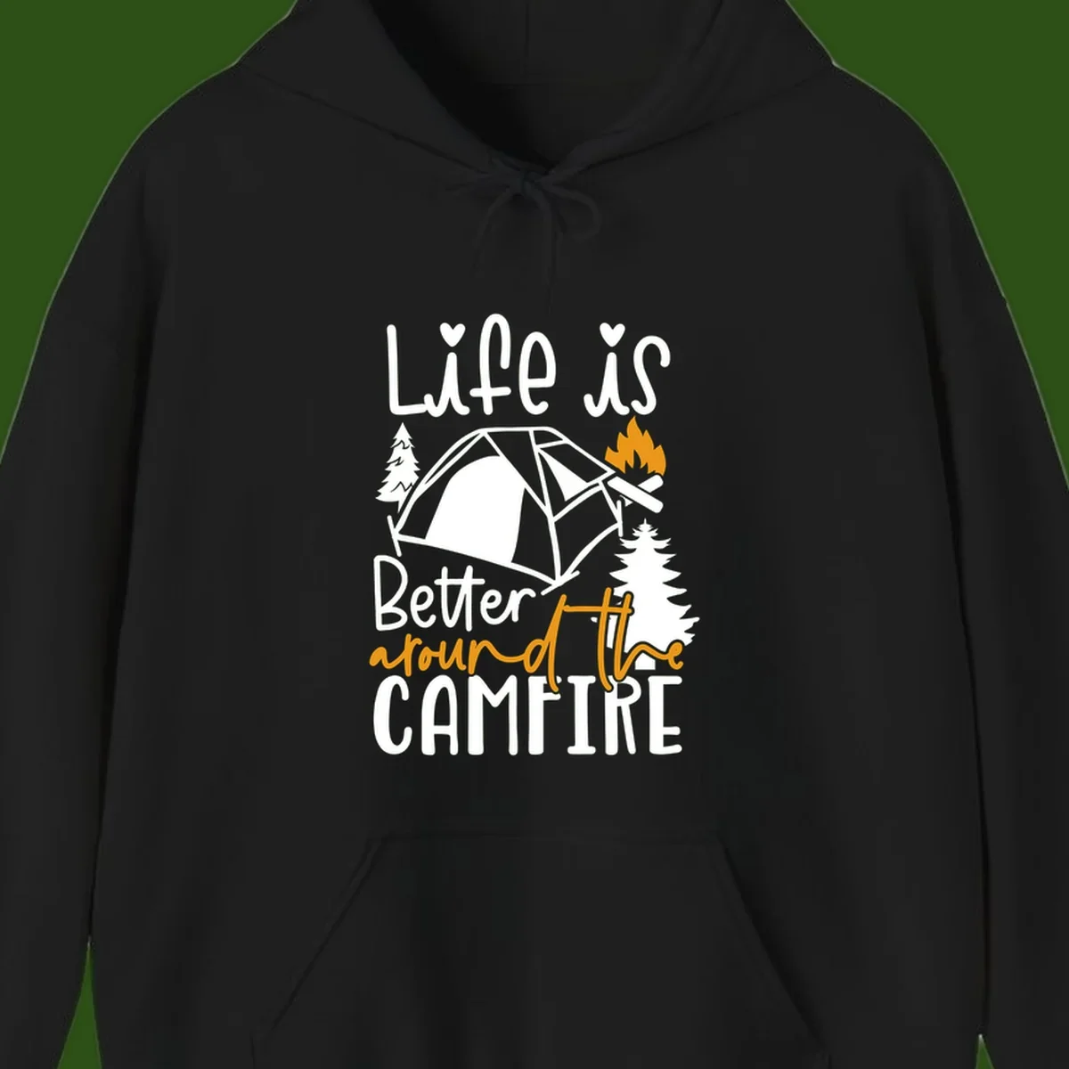 Campfire life better design with tent, campfire flames, pine trees, and hand-lettered text on gray background