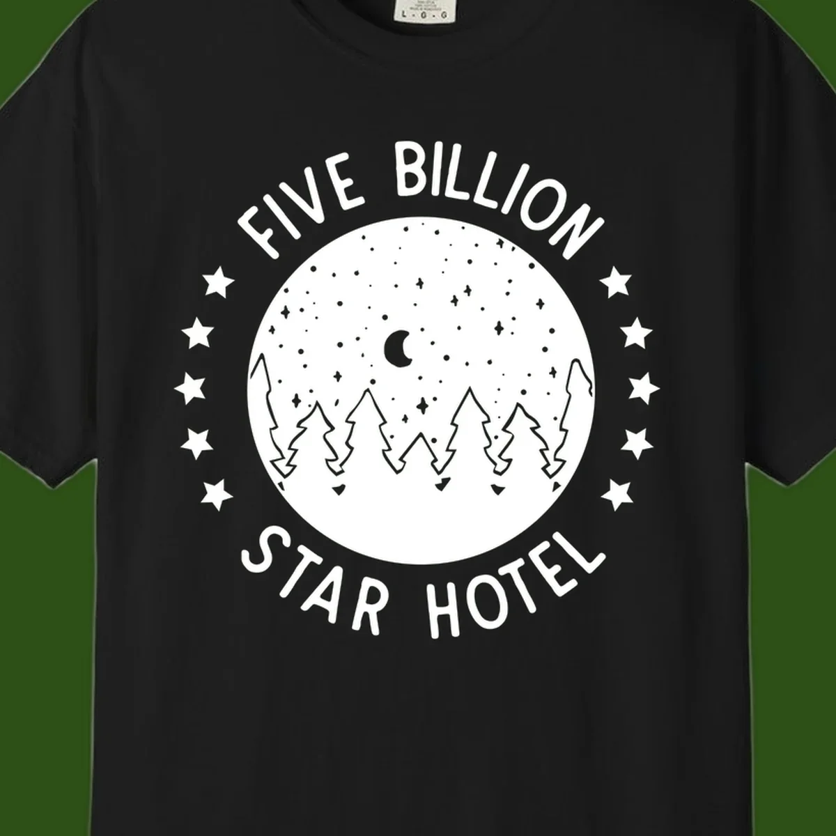 Illustration of crescent moon and pine forest with starry night sky, text reads Five Billion Star Hotel